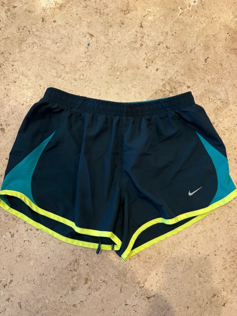 Nike Women’s Dark Blue Athletic Shorts with Teal Panels & Neon Yellow Trim